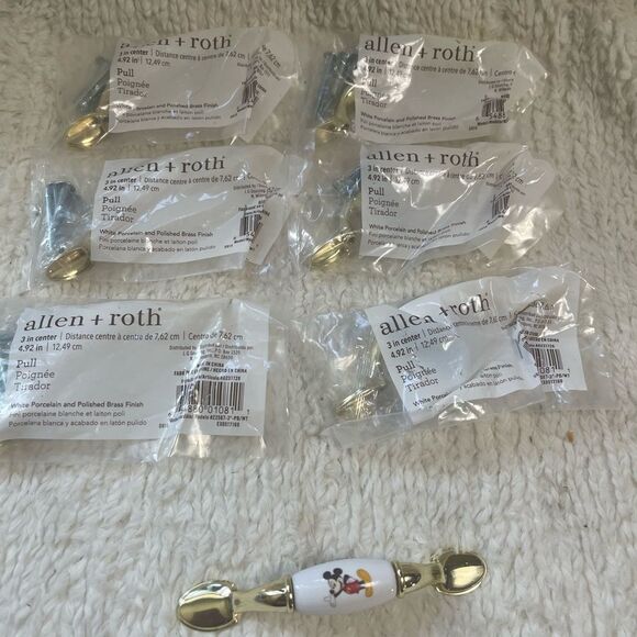 NEW set of 6 Allen +Roth  Mikey Mouse White porcelain & polish brass Drawer pull - Picture 8 of 8